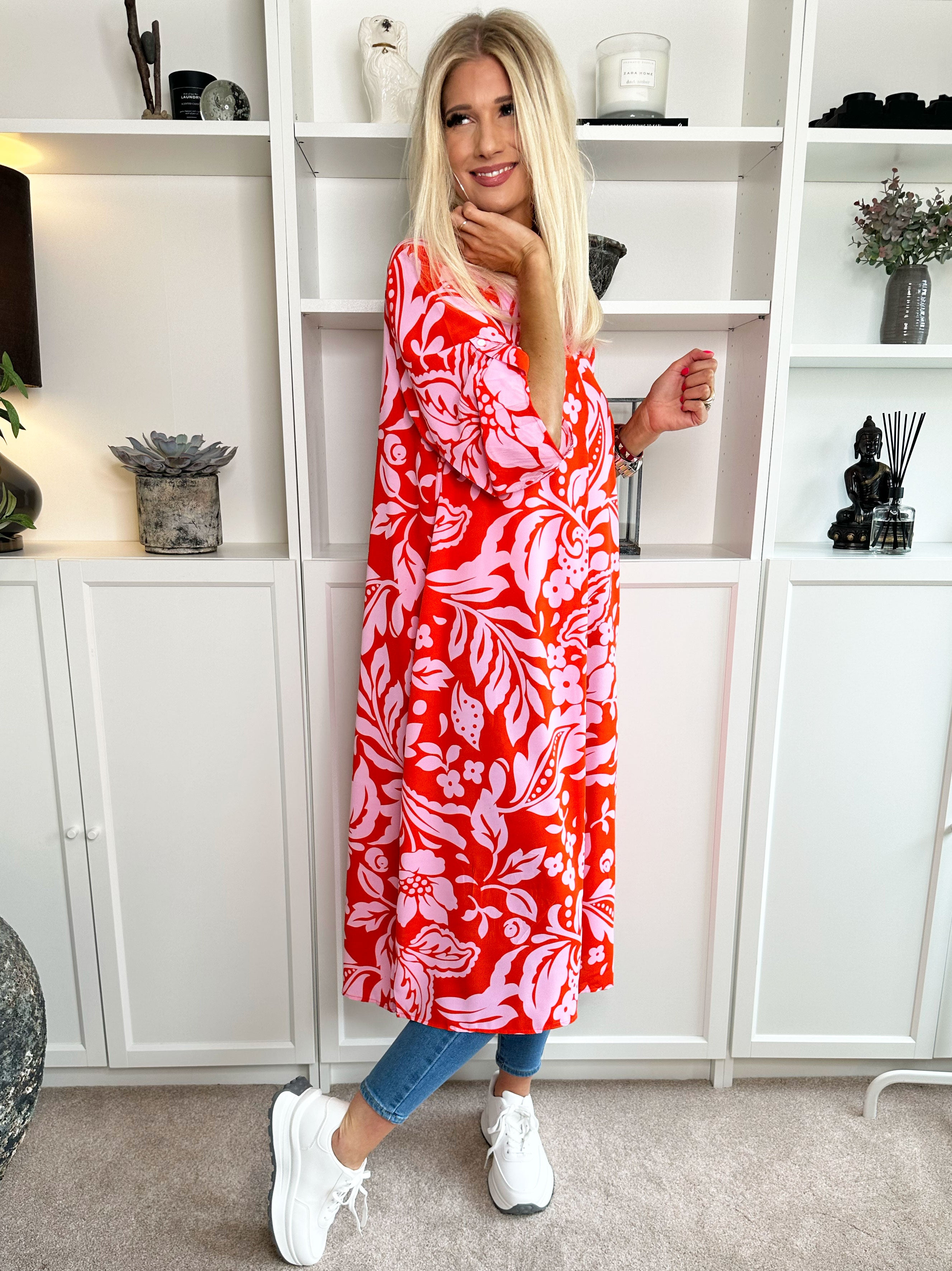 Sanne - Flerfarvet mønstret skjortekjole